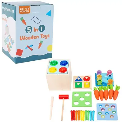 Color Shape Sorting Toy Box 5 In 1 Wood Geometric Color Shape Recognition Toys Portable Educational