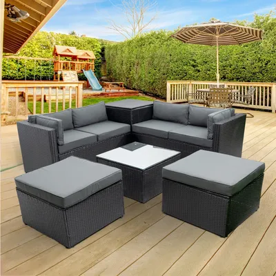 6 PC Patio Rattan Wicker Outdoor Furniture Conversation Sofa Set with Storage Box Removeable