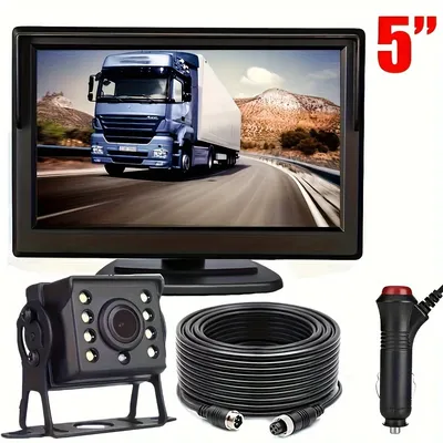 Car Rear View Backup Camera Kit 5 inch Monitor 4Pin for RV Bus Truck 12V/24V with Double Mount Easy