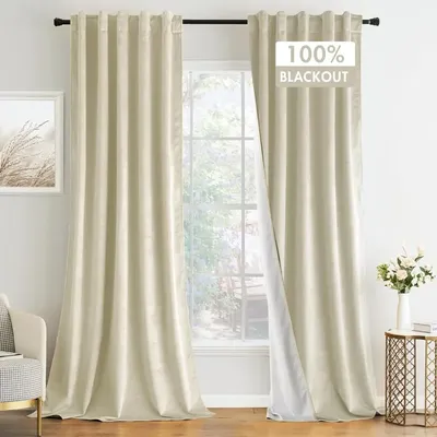 100% Blackout Velvet Curtains 90 Inches Long 2 Pcs Ivory White Cream Black Out Light Blocking Window