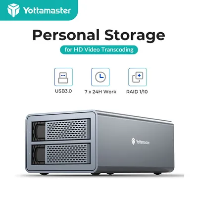 Yottamaster 2 Bay RAID External Hard Drive Enclosure for 2.5-inch and 3.5-inch SATA SSD/HDD USB3.0 RAID Enclosure Support 2*16TB