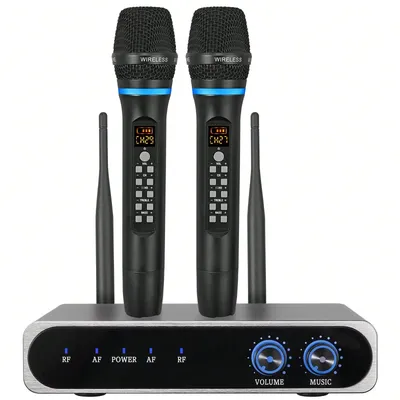 UHF Rechargeable Wireless Dual Cordless Microphone System with Volume Treble Bass Echo Control for