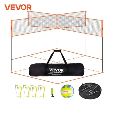 VEVOR 4-Way Volleyball Net 14 x 14FTAdjustable Height Badminton Net Set for Backyard Beach Lawn Easy