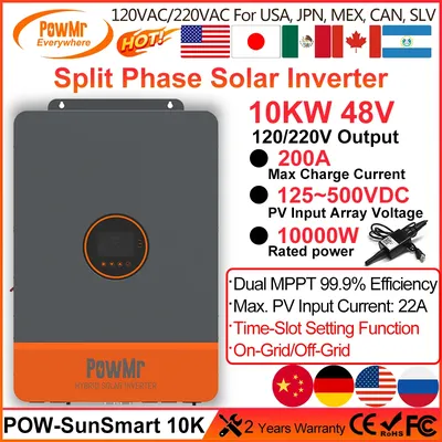 PowMr Split Phase MPPT Solar Inverter 10KW Rated Power 120/240VAC Output 48V LithiumBattery Dual