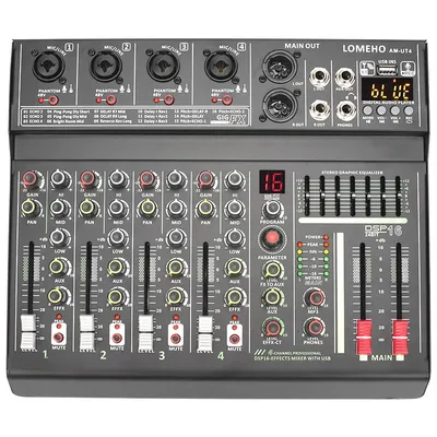 LOMEHO 4 Channel Mono Audio Mixers 7 Band EQ 16 DSP Effect Bluetooth Mixing Console 48V USB Record