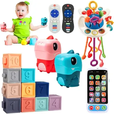 Montessori Baby Toysfor 6-36 Months - Pull String Teether, Analog Cell Phone, Sensory Shapes