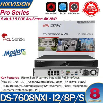 Hikvision NVR 8-ch 1U 8 POE AcuSense 4K DS-7608NXI-I2/8P/S 8-ch Camera inputs Network Video Recorder