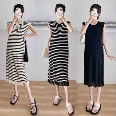 Summer Striped Knitted Maternity Long Dress Casual Loose Straight Clothes for Pregnant Women