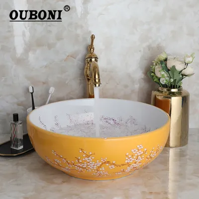 OUBONI Bowl Shaped Ceramic Bathroom Basin Set Art Flower Pattern Sink With Golden Or Antique Faucets
