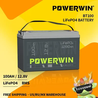 POWERWIN BT100 Built-in BMS Grade A Cell 12.8V 100Ah 1280Wh LiFePO4 Battery Solar Power Inverter RV