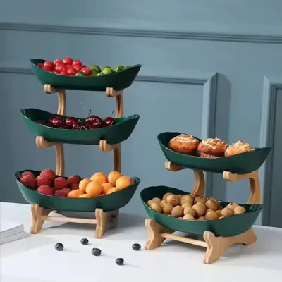 Table Plates Dinnerware Wooden 2/3Layer Kitchen Vegetables Fruit Bowl Holder with Floors Partitioned