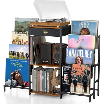 Record Player Table with 8-Tier Vinyl Display Holder, Vinyl Record Stand Storage Up to 200 Albums,