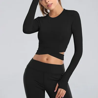 Crop Tops Women Yoga T-shirts Solid Sports Top Long Sleeve Running Shirts Sexy Exposed Navel Quick