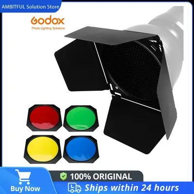 GODOX BD-04 Barn Door Standard Reflector + Honeycomb Grid + 4 Color Filter for Flash DE300 DE400