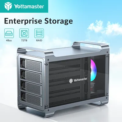Yottamaster 4-Slot RAID External Hard Drive Enclosure 2.5" & 3.5" SATA HDD/SSD Enclosure with RGB Silent Fan RAID Mode 72TB Max