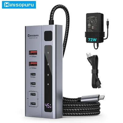 Minisopuru Powered USB C Hub with 72W Power Adapter 10Gbps USBA/C 3.2 Data Charging Ports Adapter