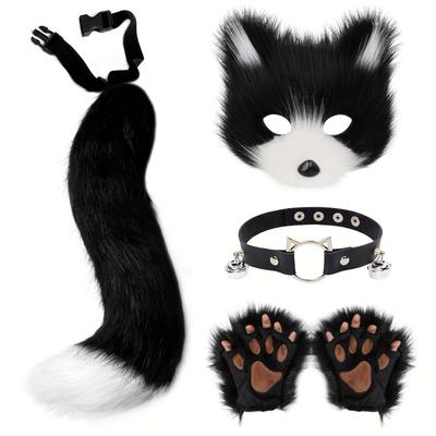 TEMU 5pcs Halloween Fox Costume Set - Cute Animal Theme Masquerade Cosplay Accessories With Pu Choker Collar, Half Face Mask, And Tail - 100% Polyester Woven - Mardi Gras, Valentine's Day & Halloween