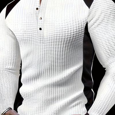 TEMU Men's Textured Henley Shirt With Color - Long Sleeve, Round Neck, Polyester Blend, , Suitable For Adult Men Image