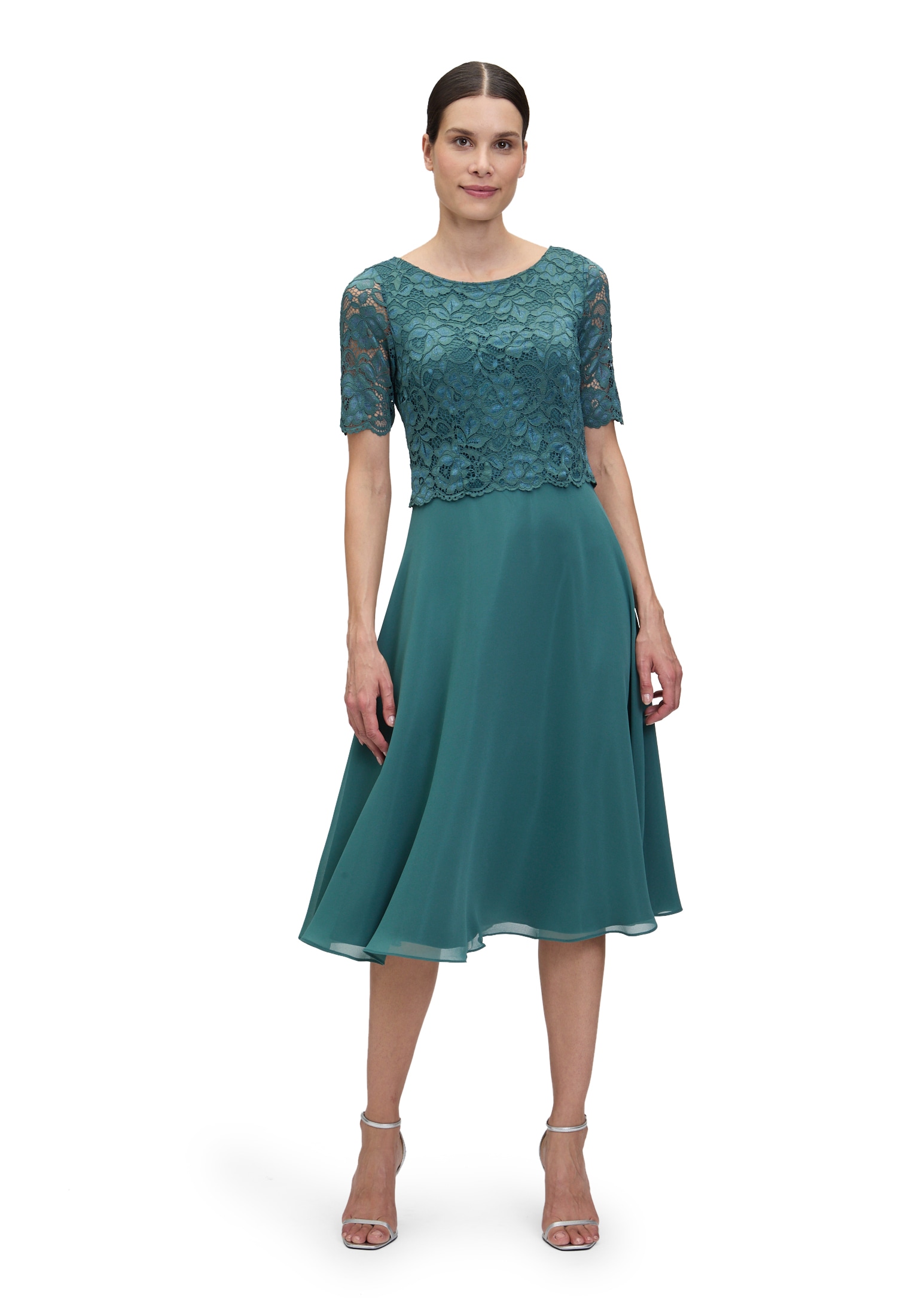 Cocktailkleid VERA MONT "Damen mit Spitze", Damen, Gr. 38, Normalgrößen, grün (schwarz emerald), Obermaterial: 100% Polyester; Futter: 100% Polyester, ausgestellt kurz, Rundhals, Kleider, Spitze