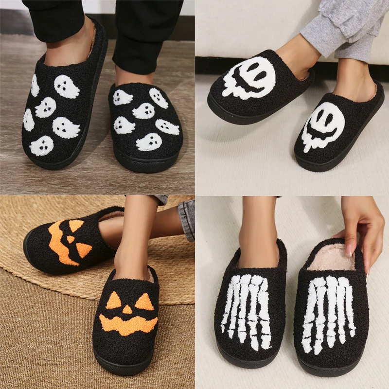 Halloween Lustige Casual Flauschige Hausschuhe Frauen Haus Wohnungen Niedlichen Cartoon Designer Winter Schuhe Mädchen Mode Schuhe Große Größe Image