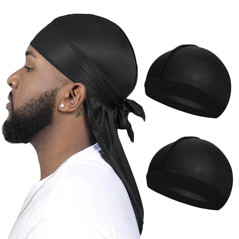 3 TEILE/LOS Lange Seidige Durag Lange Schwanz Seidiger Schal Muslimischen Doo Rag Piraten Hut Durag Chemo Turban Pullover Kappe Haar Band bandanas Image