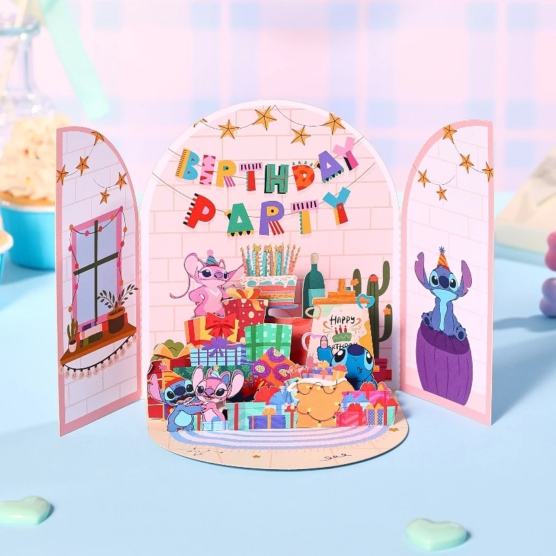 Stitch Celebrate Geburtstags-Grußkarte, kreative Doppeltür-Pop-Up-3D-Karte, Boojiboo und Engel, Geburtstagspostkarte, Geburtstagsgeschenke Image