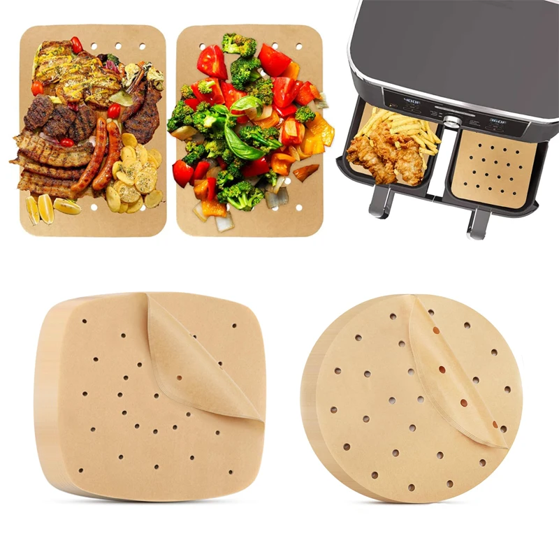 100 Stück Einweg-Papierdampfer-Einlagen für Luftfritteusen, perforierte Pergament-Backpapiere, antihaftbeschichtete Dampfmatte, ölabsorbierendes Papier Image