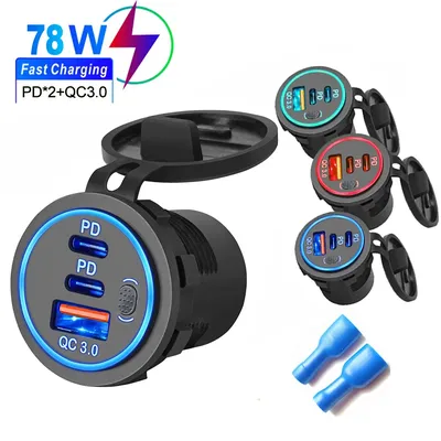 Autoladegerät-Buchse, 12/24 V, Dual-QC3.0-USB-Anschluss und 30 W PD-USB-C-Autoladebuchse mit Netzschalter für Boot, Marine, LKW, Wohnmobil Image