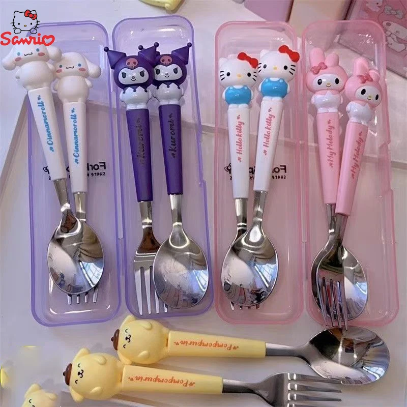 Sanrio Kinder Geschirr Hallo Kitty Melodie Kuromi Silikon Griff Geschirr zweiteiliges Set Cinna moroll Gabel Löffel Kinder Geschenke