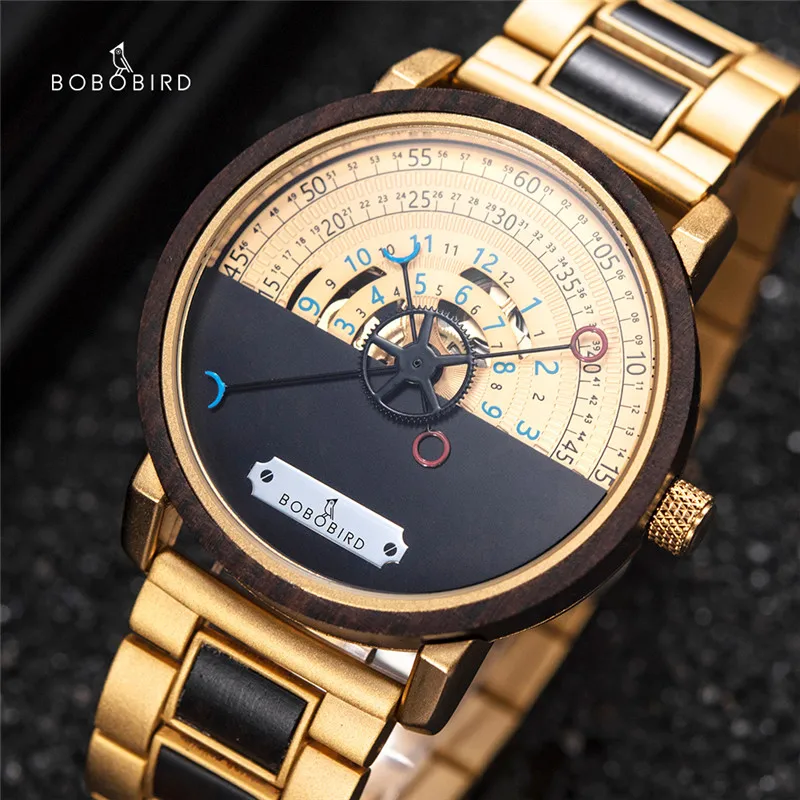 BOBO VOGEL Männer Automatische Mechanische Uhr Holz Armbanduhren Transparent Backcover Goldene Uhren Chronograph erkek kol saati Image