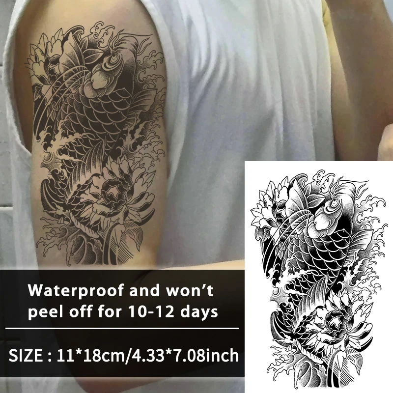 Koi Fish Arm Wasserdichter temporärer Tattoo-Aufkleber, langlebig, wasserdicht für 1–2 Wochen, realistisches semi-permanentes Fake-Tattoo Image
