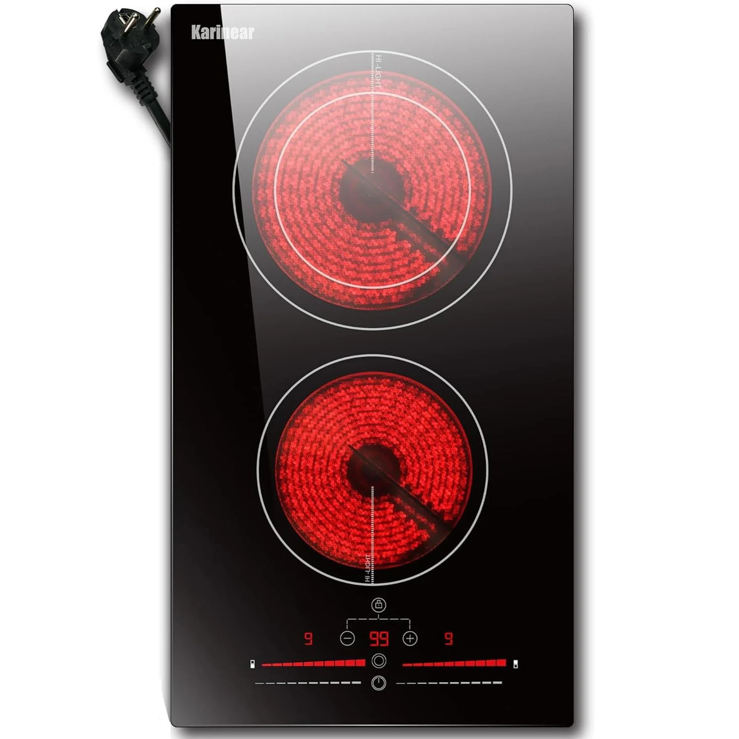 Karinear Keramik-Kochfeld, 2 Zonen, integriertes Glaskeramik-Kochfeld, 2 Brenner, Keramik mit Stecker, Touch-Steuerung, Doppelring-Kochzone Image