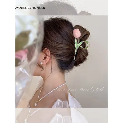 Sweet Trendy Fairy Back Of Head Elegant Metal Tulip Shark Clip Korean Style Hair Crab Clip Female