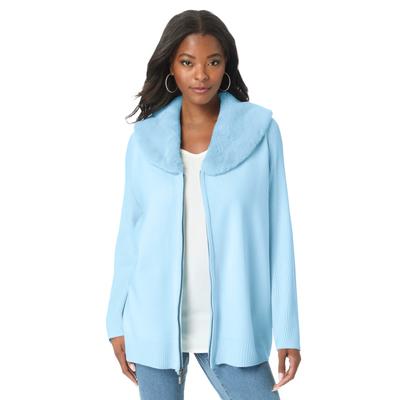 Plus Size Women's Faux Fur Collar Cardigan Sweater. by Roaman's in Ice Blue (Size 18/20)
