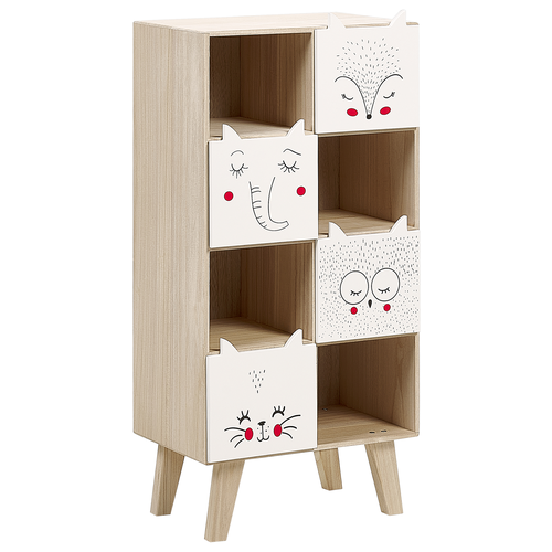 Regal Hellbraun Paulowniaholz u. MDF-Platte 4 Schubladen 4 Offene Fächer Tiermotiv Skandi Kinderregal mit Boxen Standregal Schlafzimmer