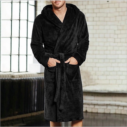 Herren Übergröße Schlafanzug Morgenmantel Bademantel Schlafanzüge Einfarbig Stilvoll Brautkleider schlicht Komfort Heim Täglich Flanell Komfort Warm Lange Robe Tasche Herbst Winter Schwarz Rote Image