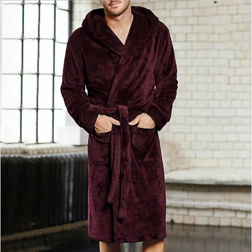 Herren Übergröße Schlafanzug Morgenmantel Bademantel Schlafanzüge Einfarbig Stilvoll Brautkleider schlicht Komfort Heim Täglich Flanell Komfort Warm Lange Robe Tasche Herbst Winter Schwarz Rote Image
