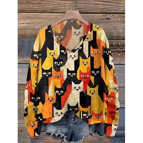Damen Pullover Brautkleider schlicht Tier V Ausschnitt V-Ausschnitt Digitaldruck Langarm Normale Oberteile Stricken Täglich Gelb Herbst Winter