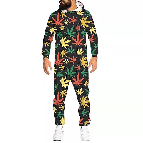 Herren Hausanzug Overall Pyjamas-Einteiler Blätter Einfach Casual Komfort Heim Täglich Baumwolle Komfort Atmungsaktiv Kapuzenpullover Langarm Tasche Herbst weißes Puder Schwarz Image