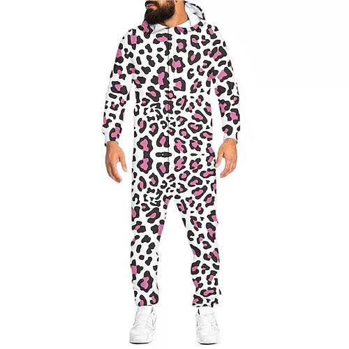 Herren Hausanzug Overall Pyjamas-Einteiler Blätter Einfach Casual Komfort Heim Täglich Baumwolle Komfort Atmungsaktiv Kapuzenpullover Langarm Tasche Herbst weißes Puder Schwarz Image