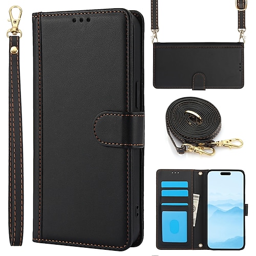 Handy Hülle Handyhüllen Für iPhone 16 15 14 Pro Max Plus 13 12 11 Pro Max Brieftaschenhülle Vollschutz mit Trageriemen Mit Handgelenkschlaufe Retro TPU PU-Leder Image