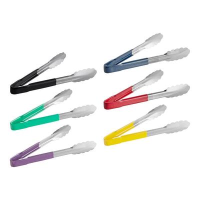 Fourté 9 1/2" HACCP Color Coated Handles Stainless Steel Scalloped Tongs - 6/Set