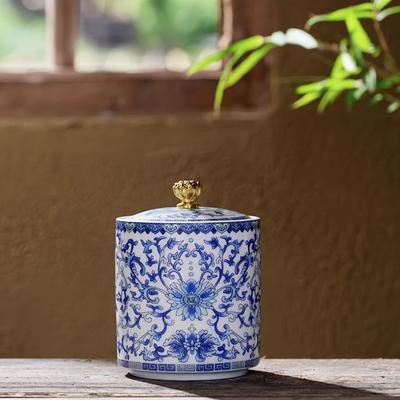 TEMU Vintage Blue & White Porcelain Tea Canister - Ceramic Sealed Storage Jar For Coffee, Sugar, Spices | Reusable, Round Kitchen Organizer With Latch Lock