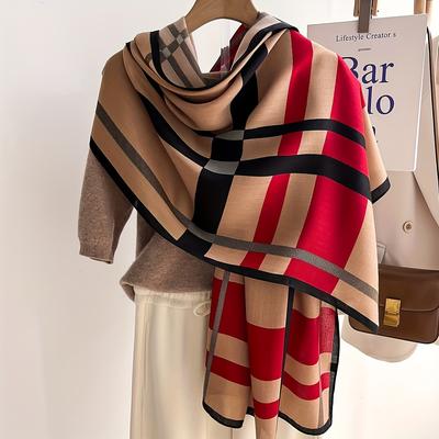 TEMU Color Block Striped Scarf Imitating Wool Shawl, Soft, Warm, Windproof And Wrapped For Women