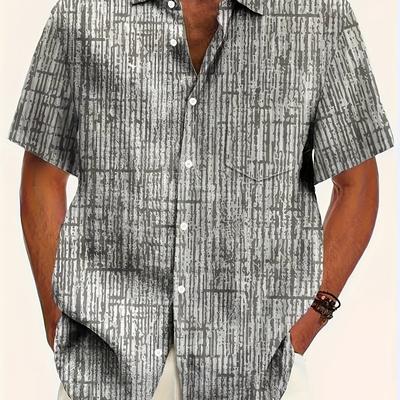 TEMU 1pc Men's Summer Casual Short Sleeve Shirt, Unique Stripe Pattern Print, Polyester Fiber, Regular Fit, Breathable Fabric, 110gsm Lining - Fashionable Regular Length Shirt For Men Image