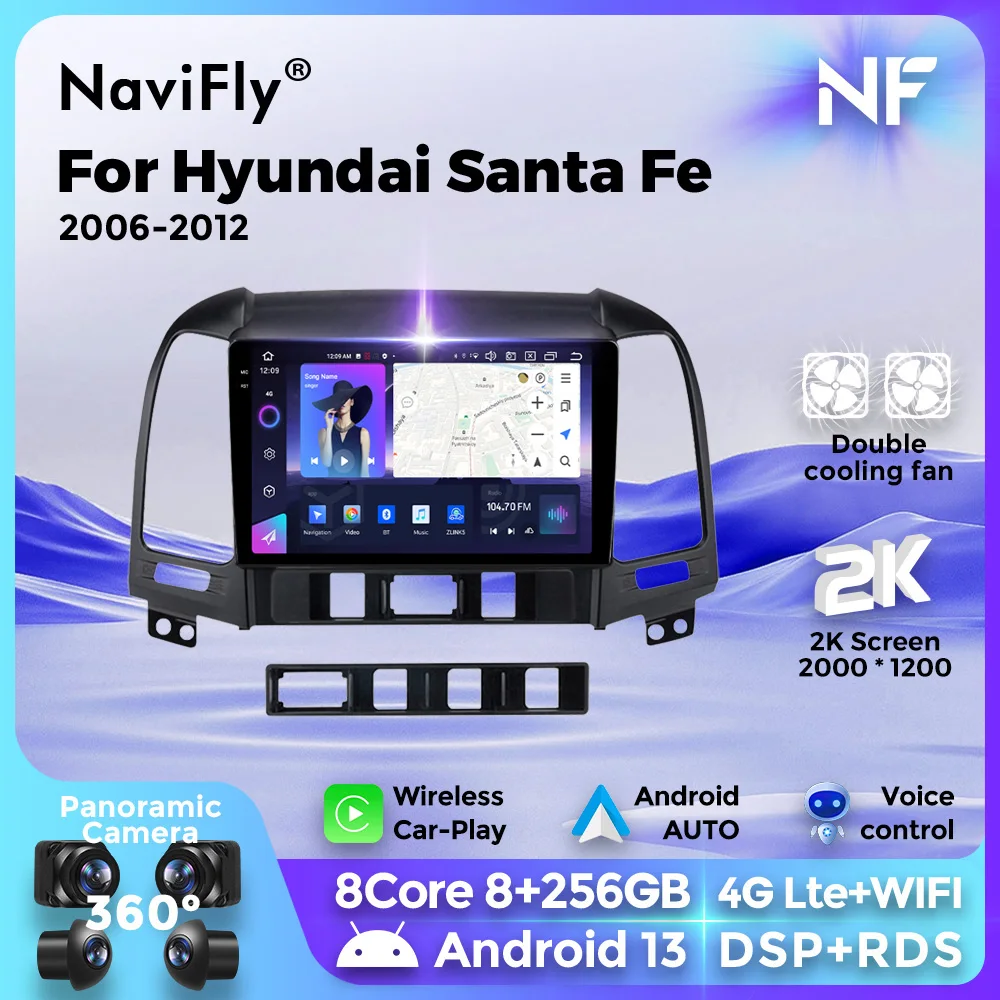 Navifly 2k qled Autoradio für Hyundai Santa Fe 2 2007 2013-2017 Multimedia-Video-Player GPS Wireless Carplay Auto Smart-Systeme Image