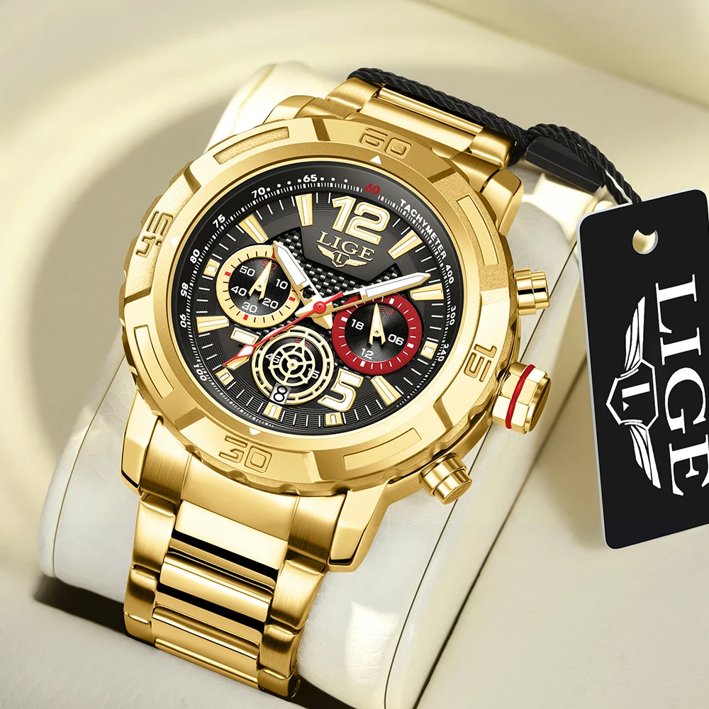 Lige Top Band Luxus Gold Chronograph Uhr für Männer wasserdichte männliche Armbanduhr Auto Date Quarz Herren uhren Relogios Masculino Image