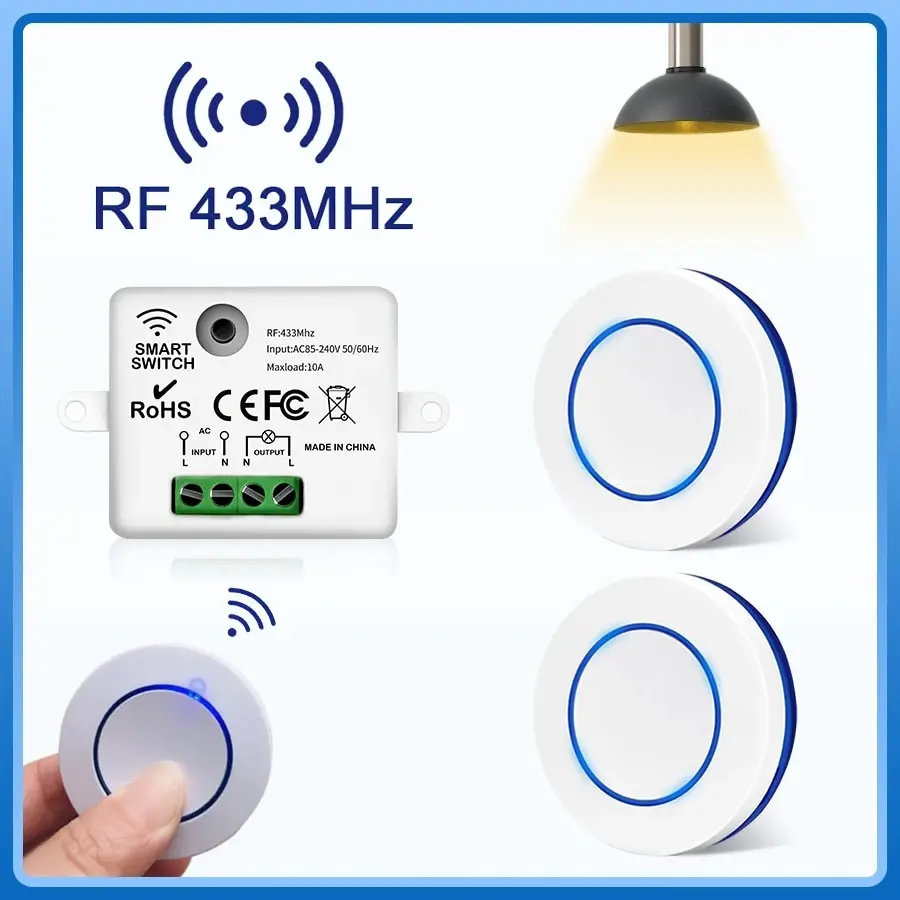 Rf433mhz drahtlose fernbedienung lichtsc halter 10a relais controller mini runde taste wand paneel schalter für led lampe AC100-240V Image