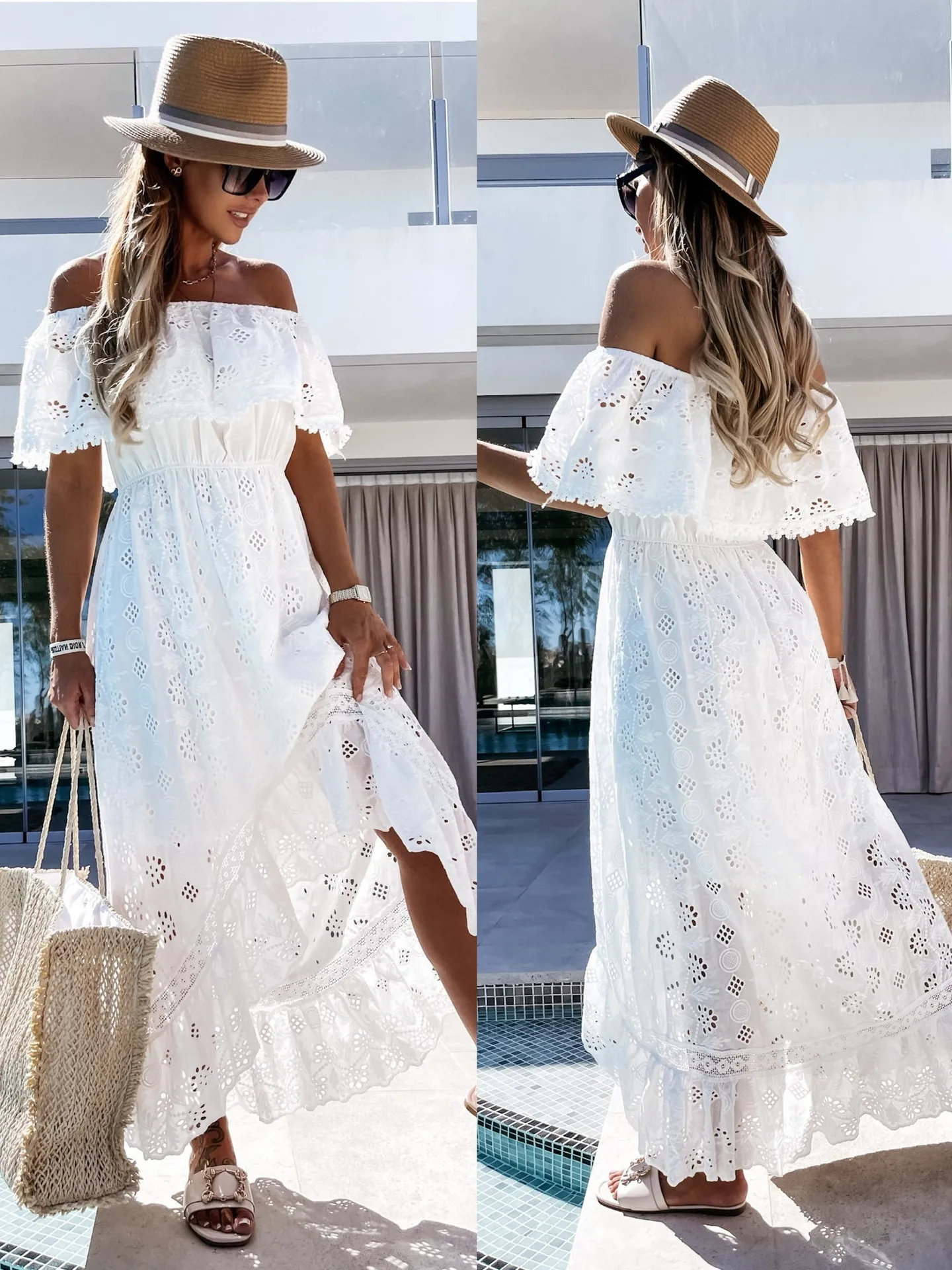 Trendiges, lässiges, weißes Sommerkleid für Damen, Vertuschungen, Outfits, neue Boho-Hippie-Chic-lange Maxikleider, elegante Party-Strandbekleidung