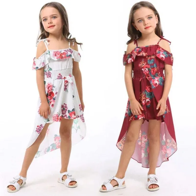1 Stück Kinder Sommerkleidung Kleine Mädchen Blumendruck Schulterfrei Sling Kleid Image
